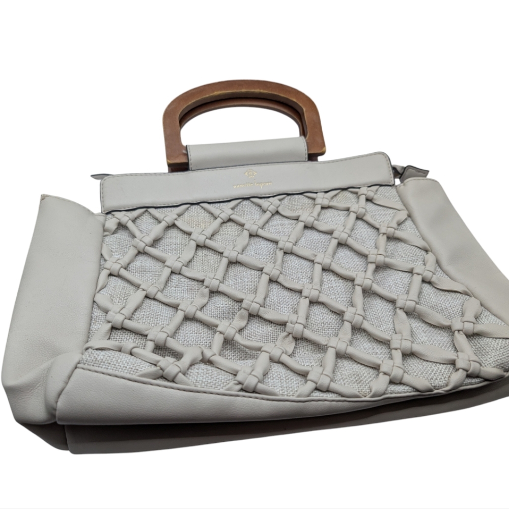 Nanette Lepore Cream and Brown Quilted Tote with Wooden Handle - Picture 5 of 13